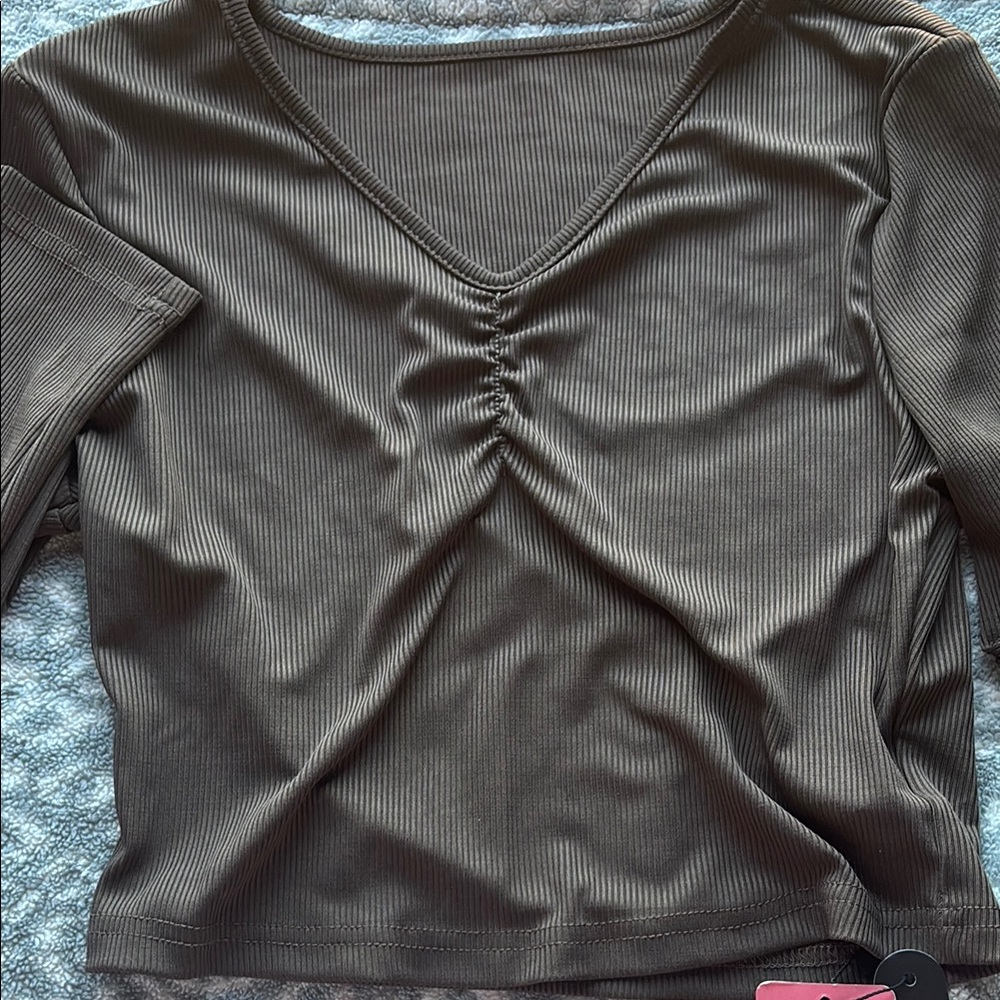 ROMWE Gray Ruched 3/4 Sleeve Blouse